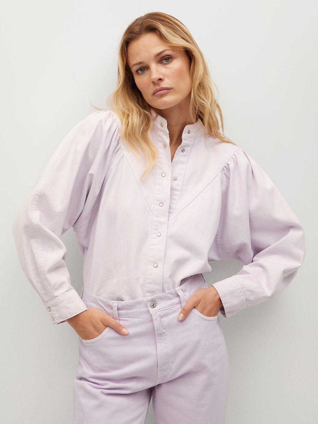 mango women lavender regular fit solid pure cotton casual shirt