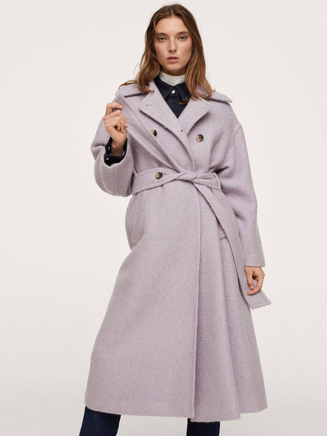mango women lavender solid double-breasted boucle longline trench coat