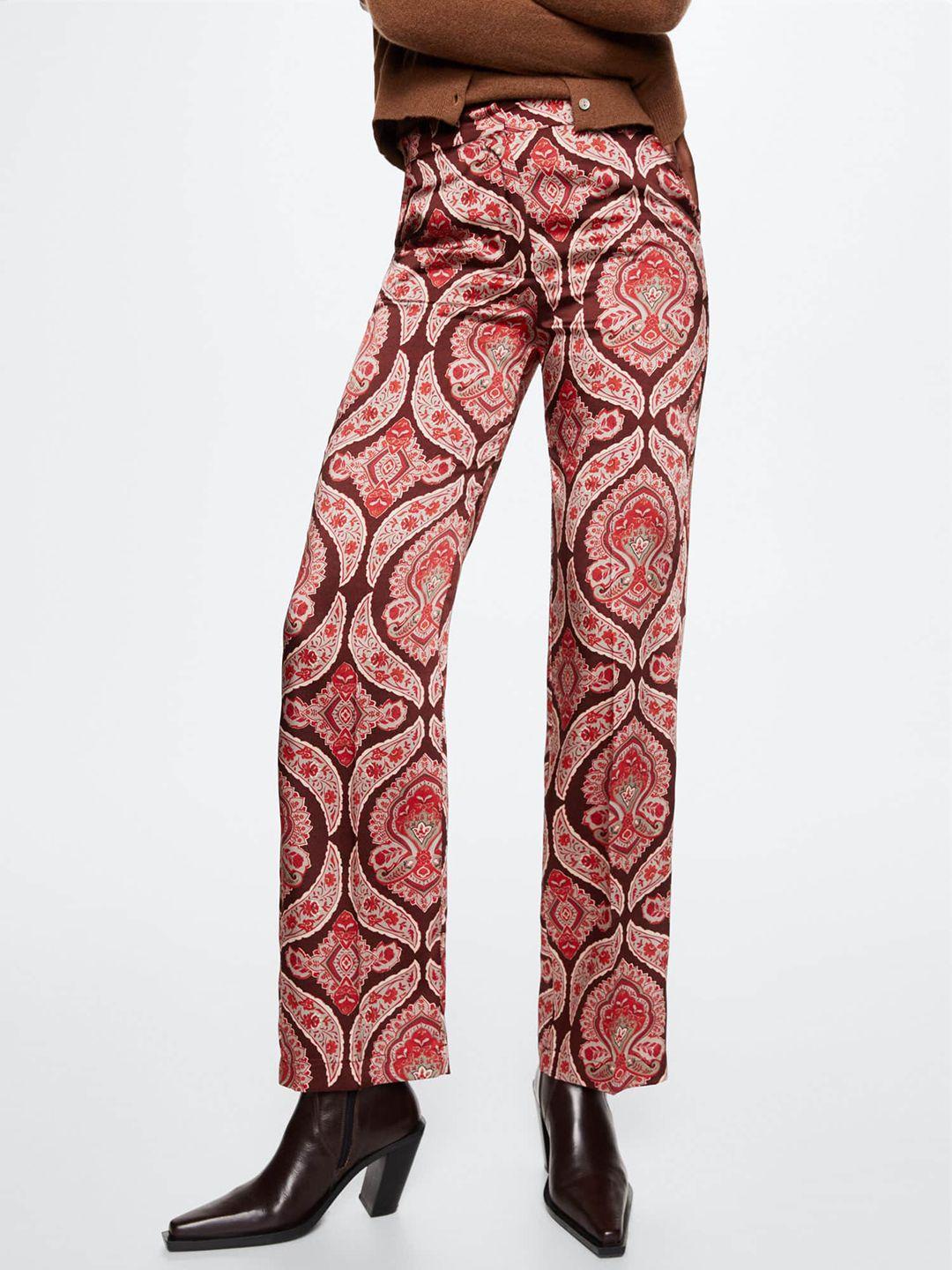 mango women maroon & pink ethnic motifs printed straight fit sustainable trousers