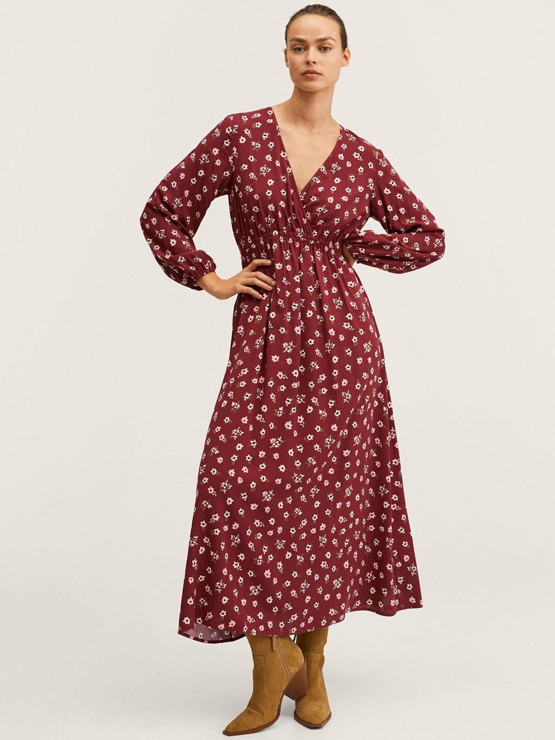 mango women maroon & white floral midi dress