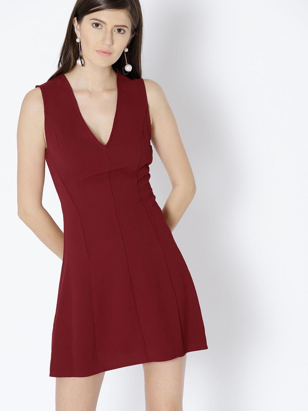 mango women maroon solid a-line dress