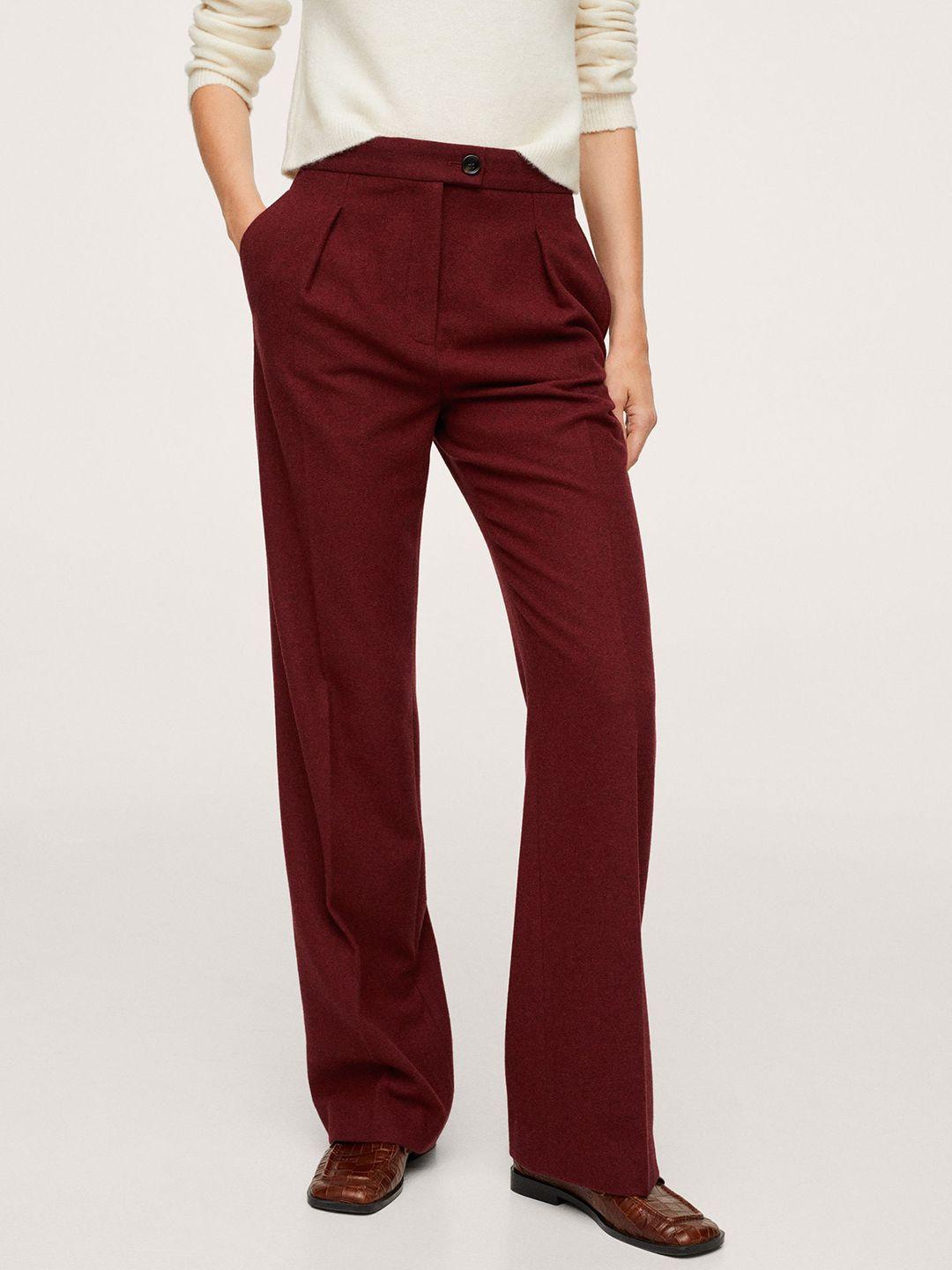 mango women maroon solid straight fit trousers