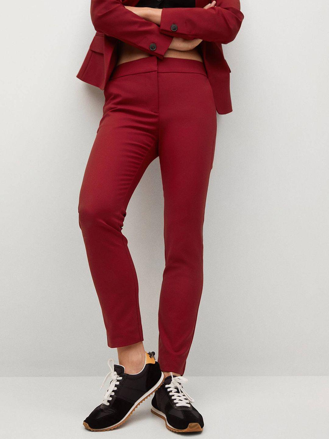 mango women maroon solid trousers