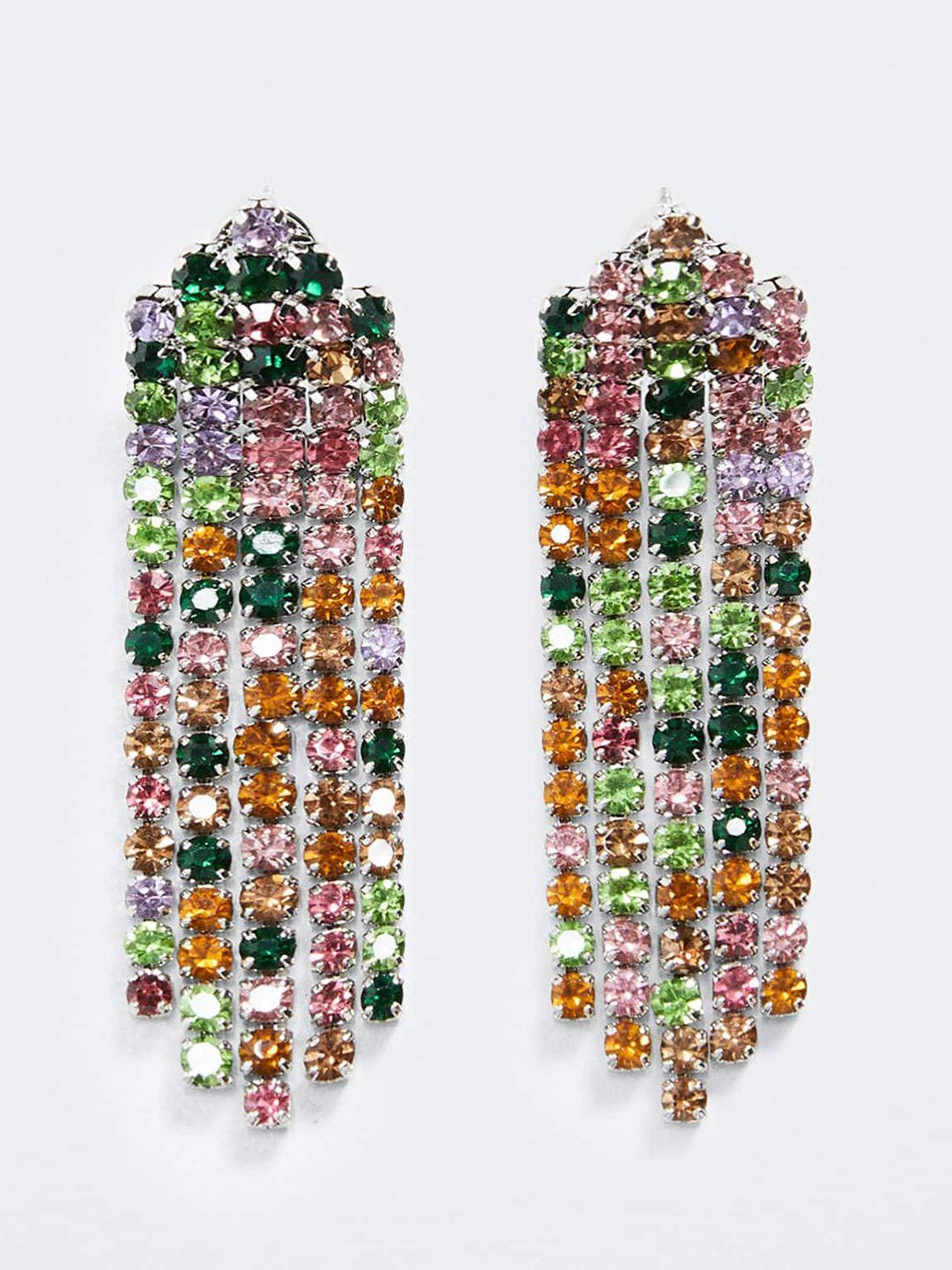 mango women multicoloured stone studded classic drop earrings