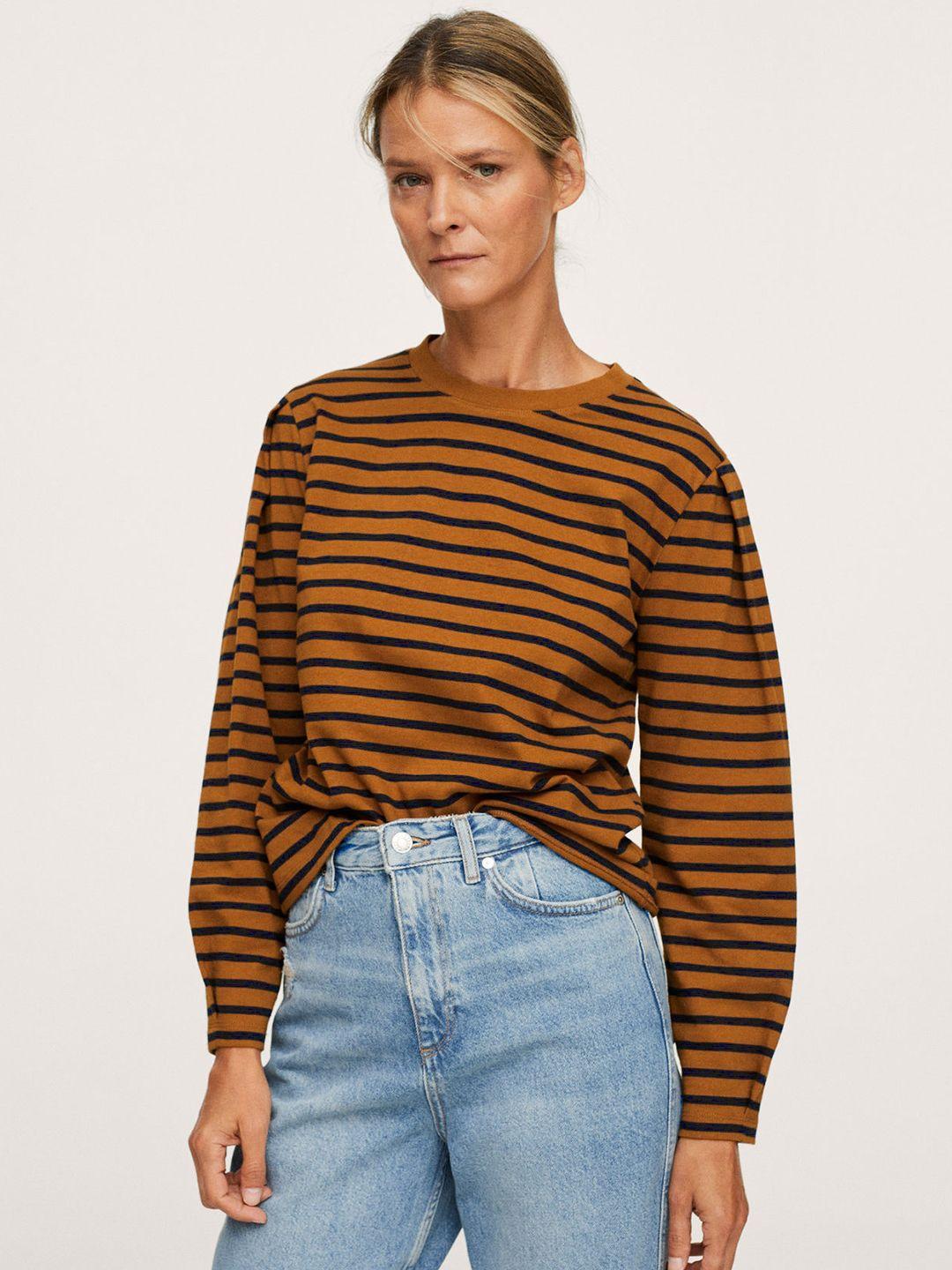 mango women mustard brown & black pure cotton striped t-shirt