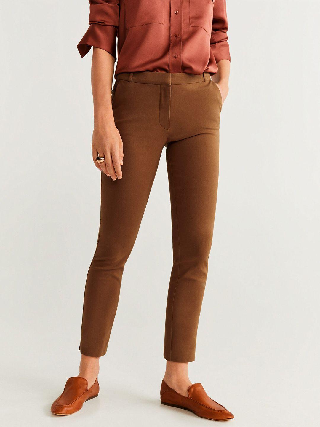 mango women mustard brown cola skinny fit solid cropped regular trousers