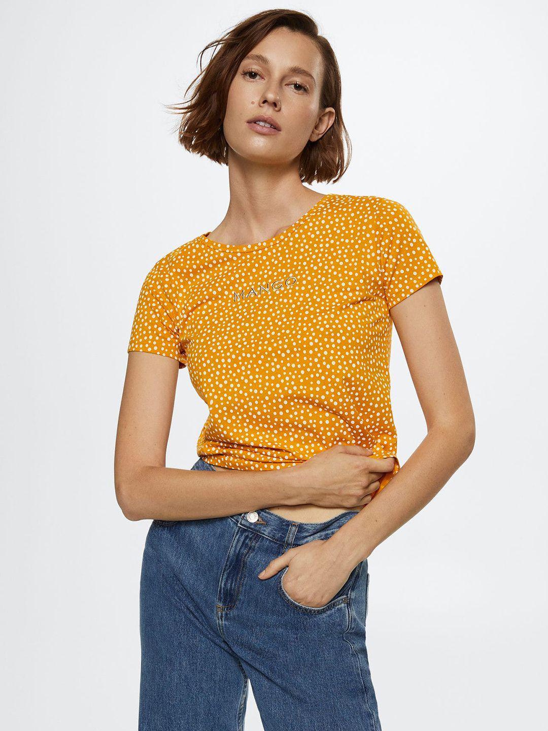 mango women mustard yellow & white printed pure cotton t-shirt