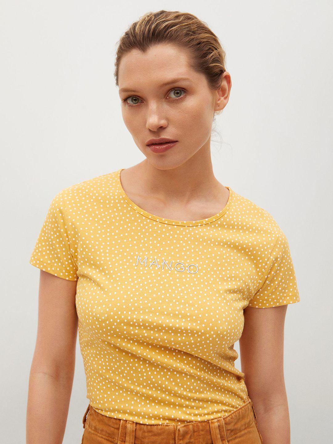 mango women mustard yellow  white polka dots printed recycled cotton pure cotton t-shirt