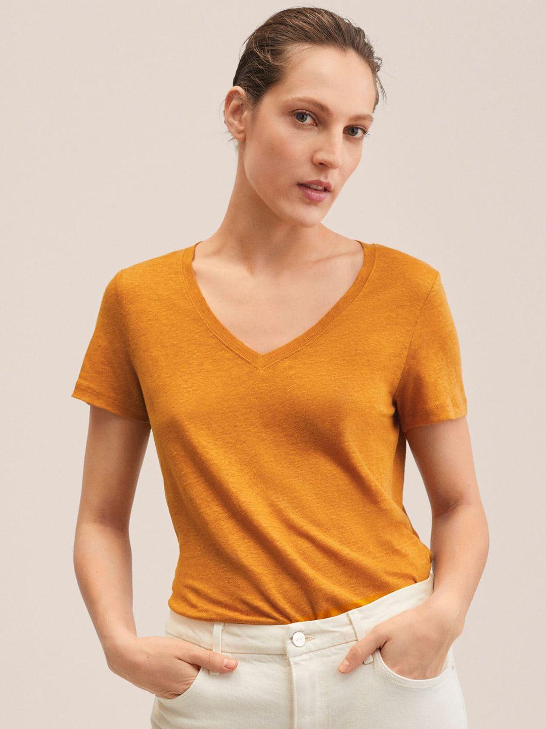 mango women mustard yellow linen solid v-neck t-shirt