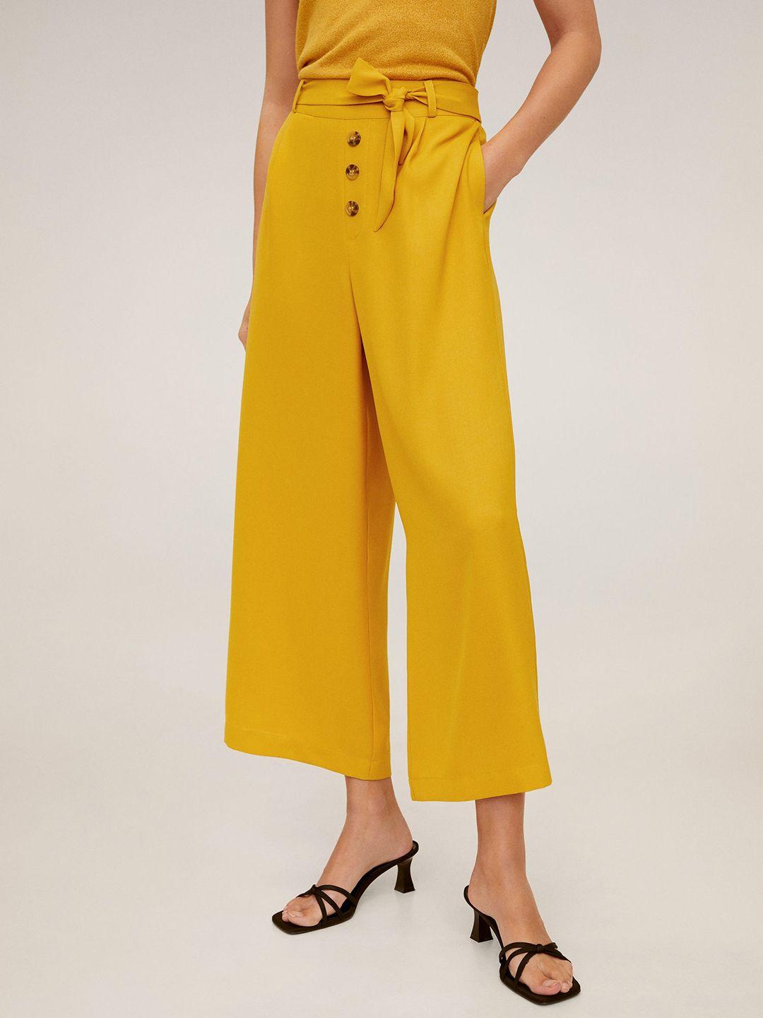 mango women mustard yellow regular culotte fit solid parallel trousers