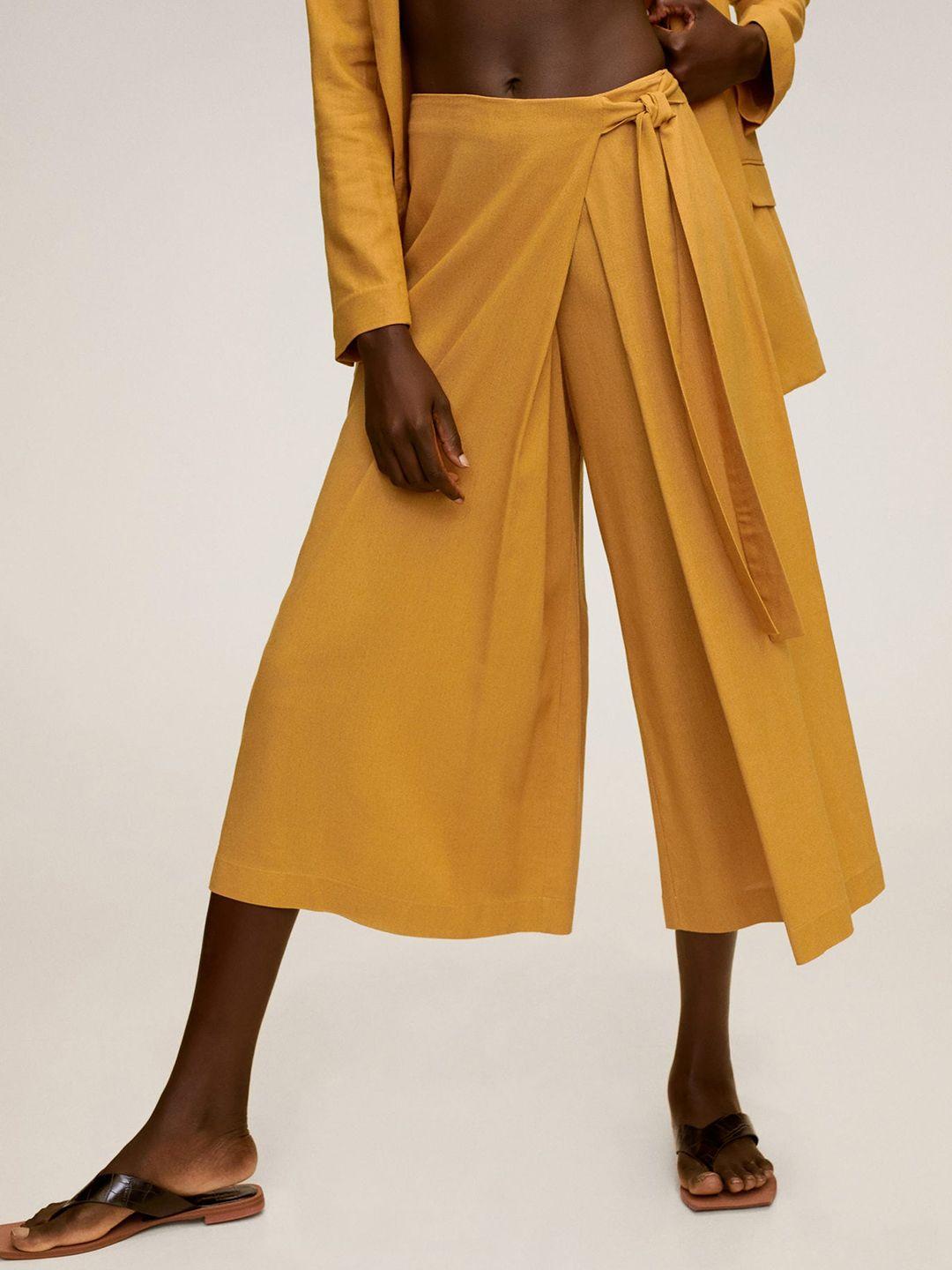 mango women mustard yellow regular fit solid culottes