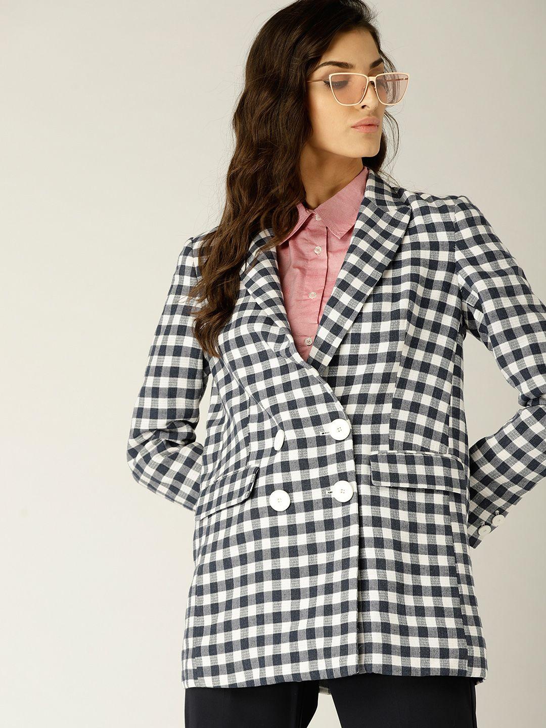 mango women navy & white checked double-breasted blazer