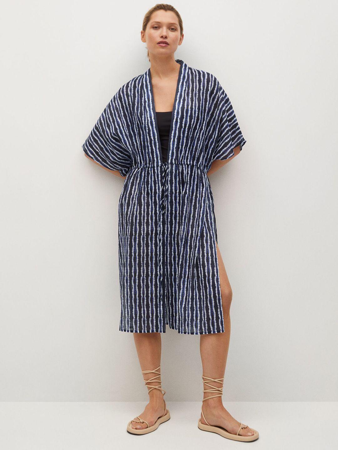 mango women navy blue & white dyed effect longline tie-up shrug