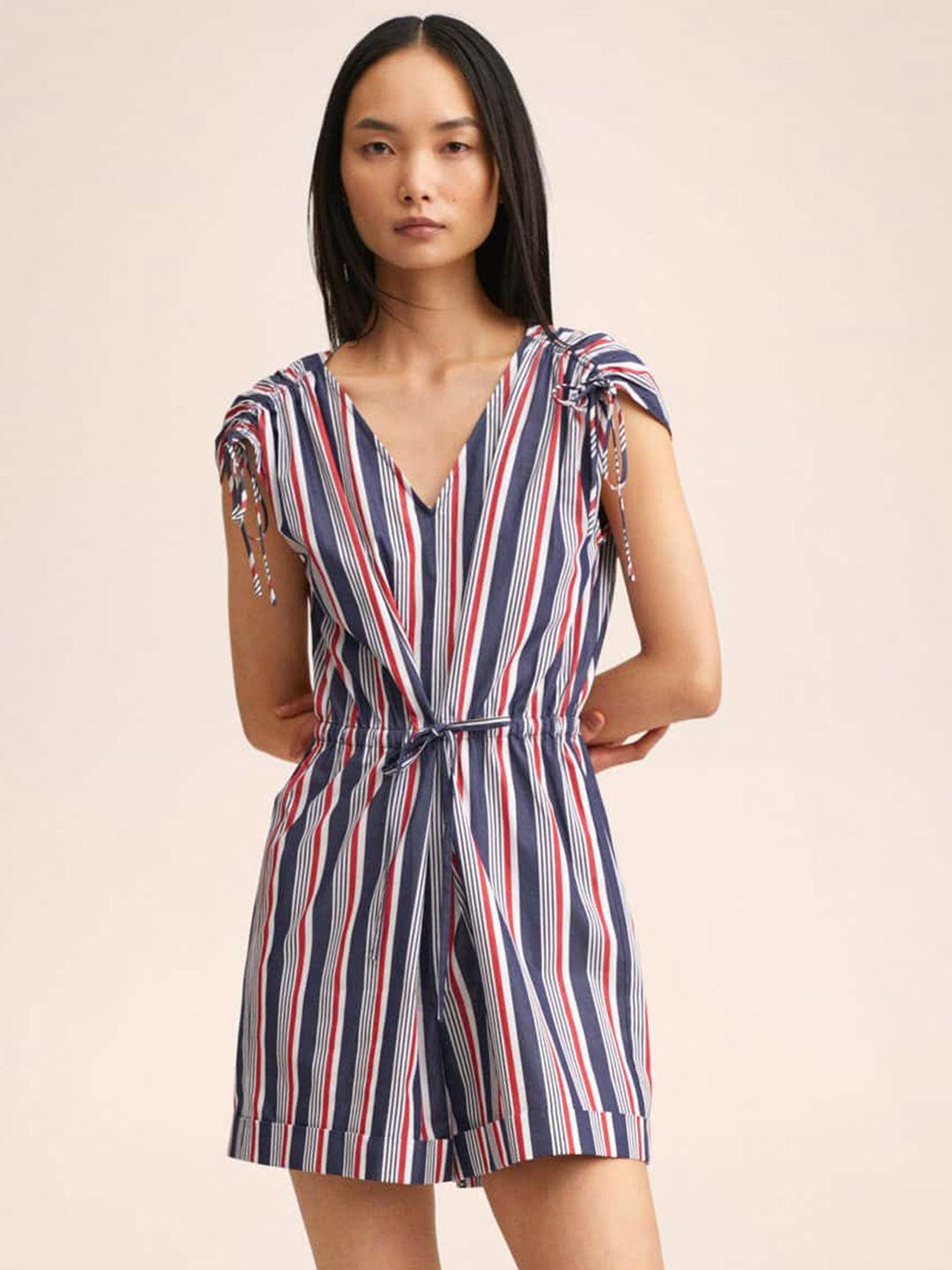 mango women navy blue & white striped jumpsuit