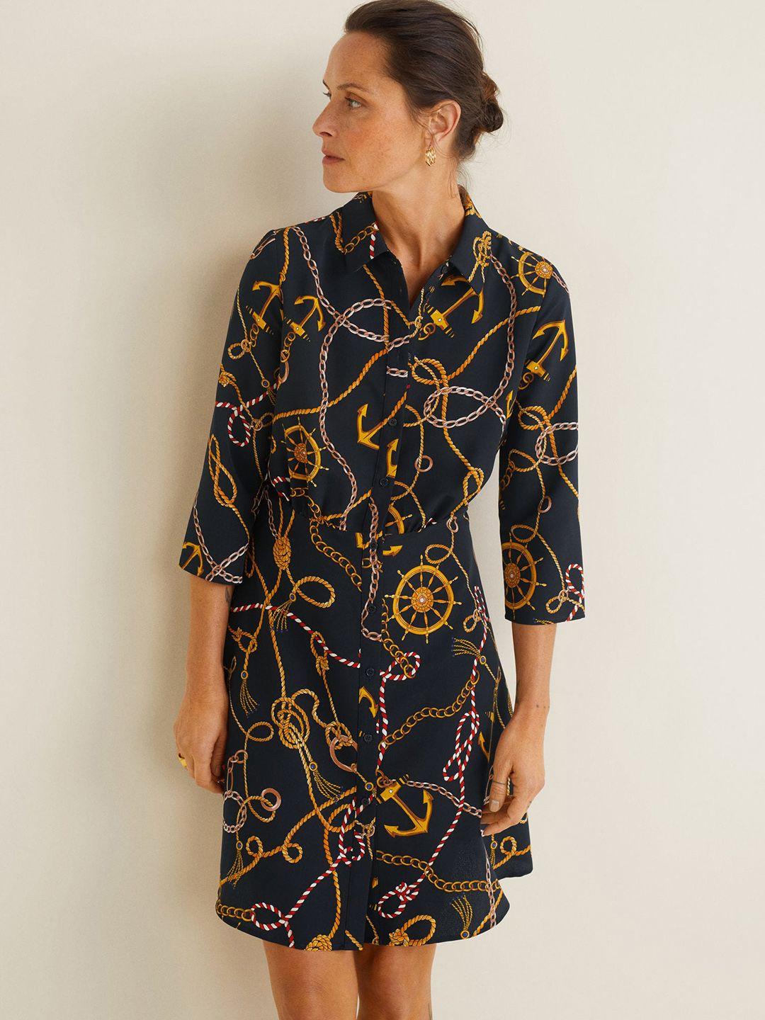 mango women navy blue printed shirt dress