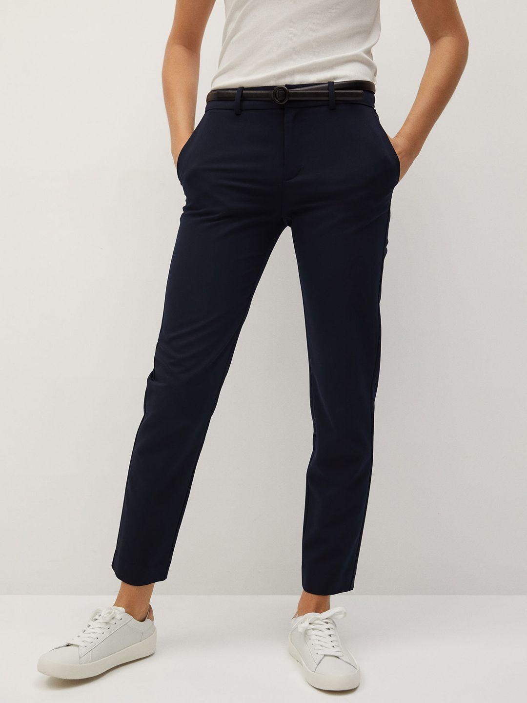mango women navy blue regular fit solid kintted sustainable formal trousers