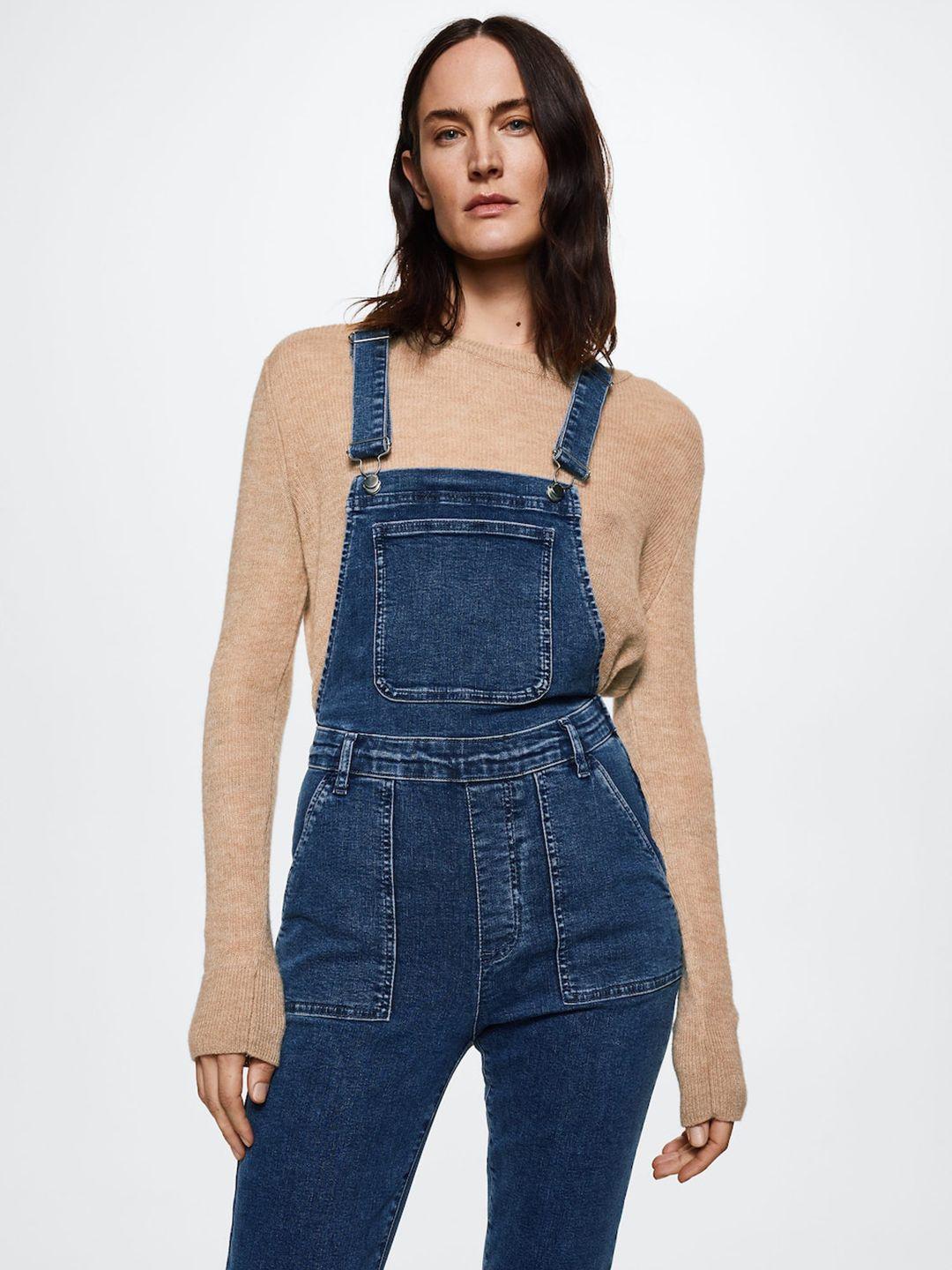 mango women navy blue solid denim dungarees