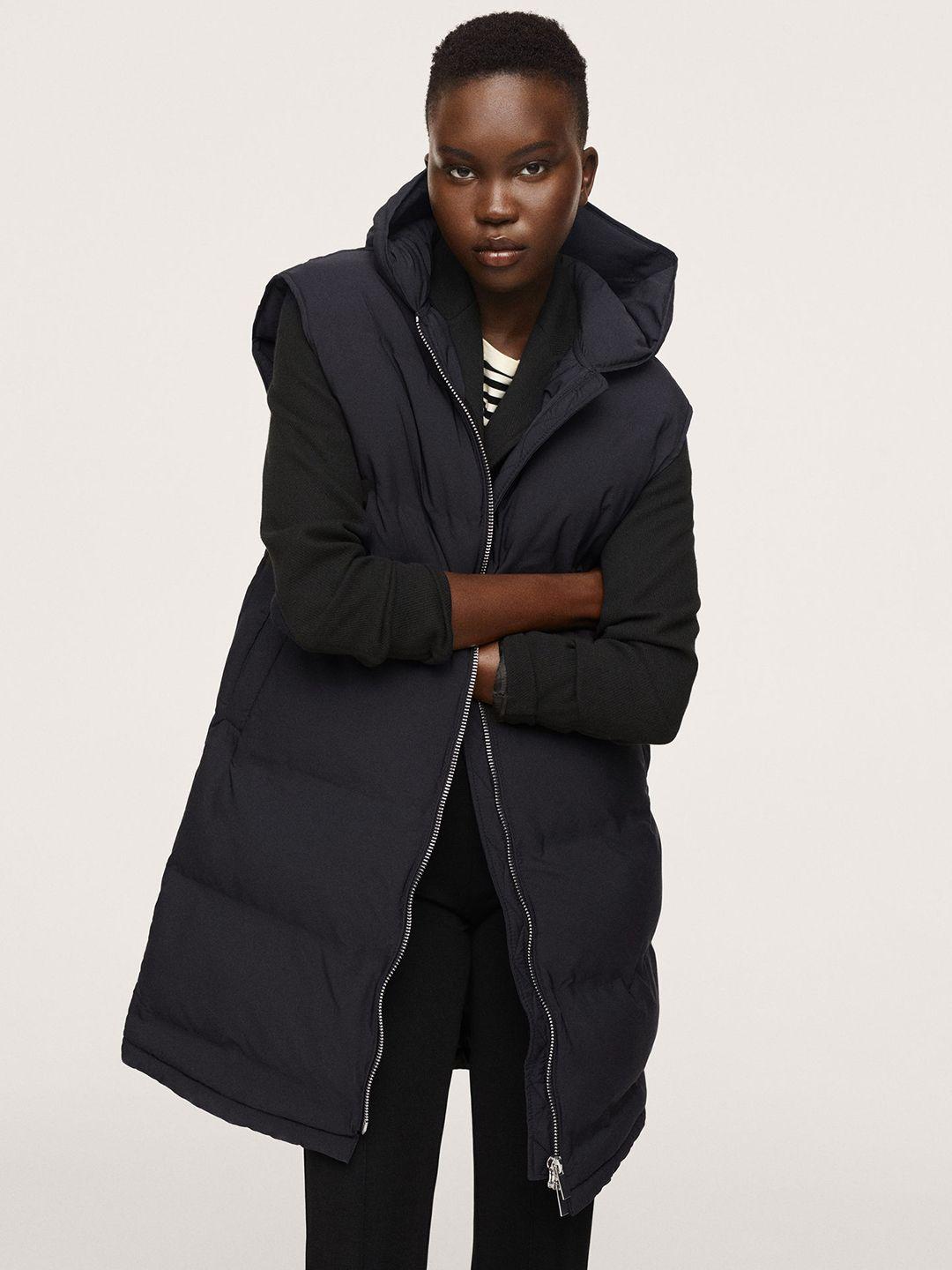 mango women navy blue solid longline puffer jacket