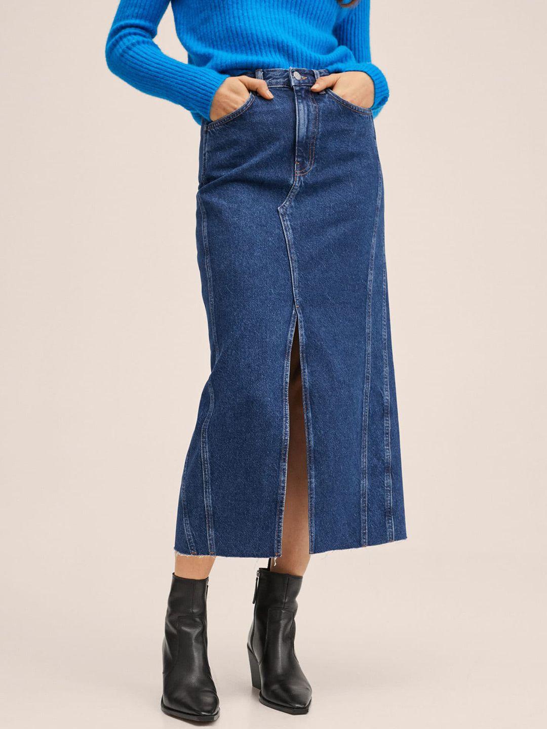 mango women navy blue solid pure cotton slit denim midi skirt