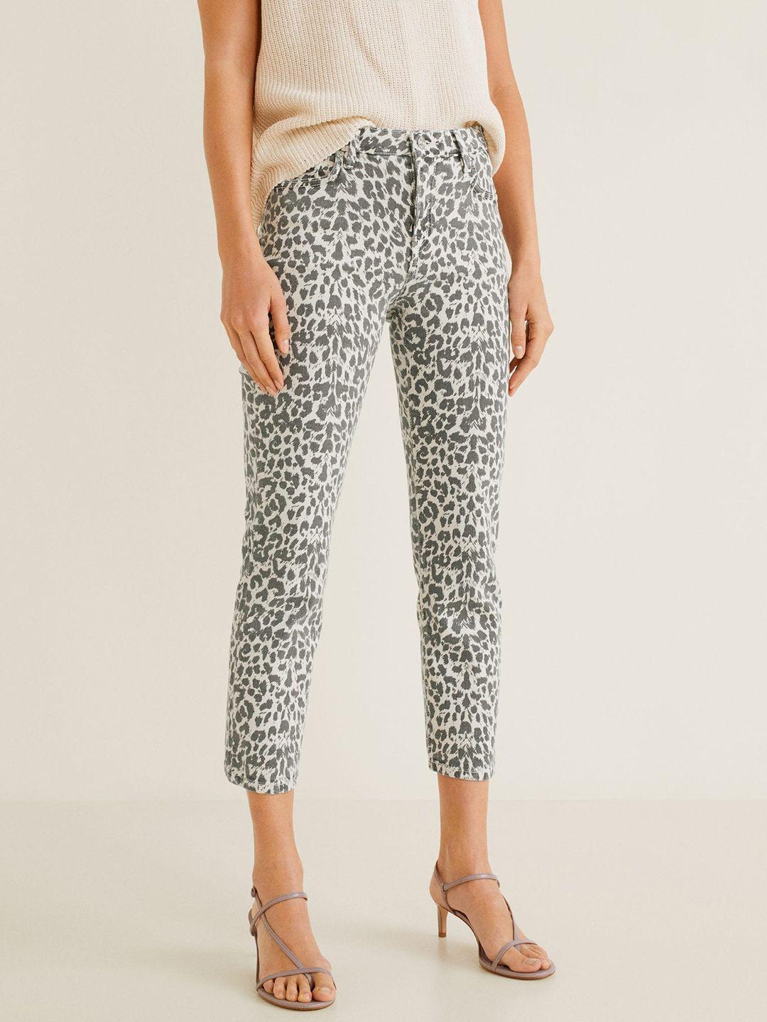 mango women off-white & charcoal grey slim fit mid-rise animal print cropped jeans