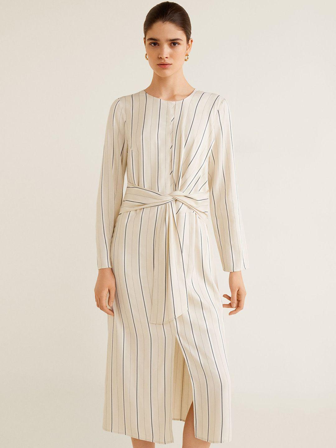 mango women off-white & navy blue striped midi sheath dress