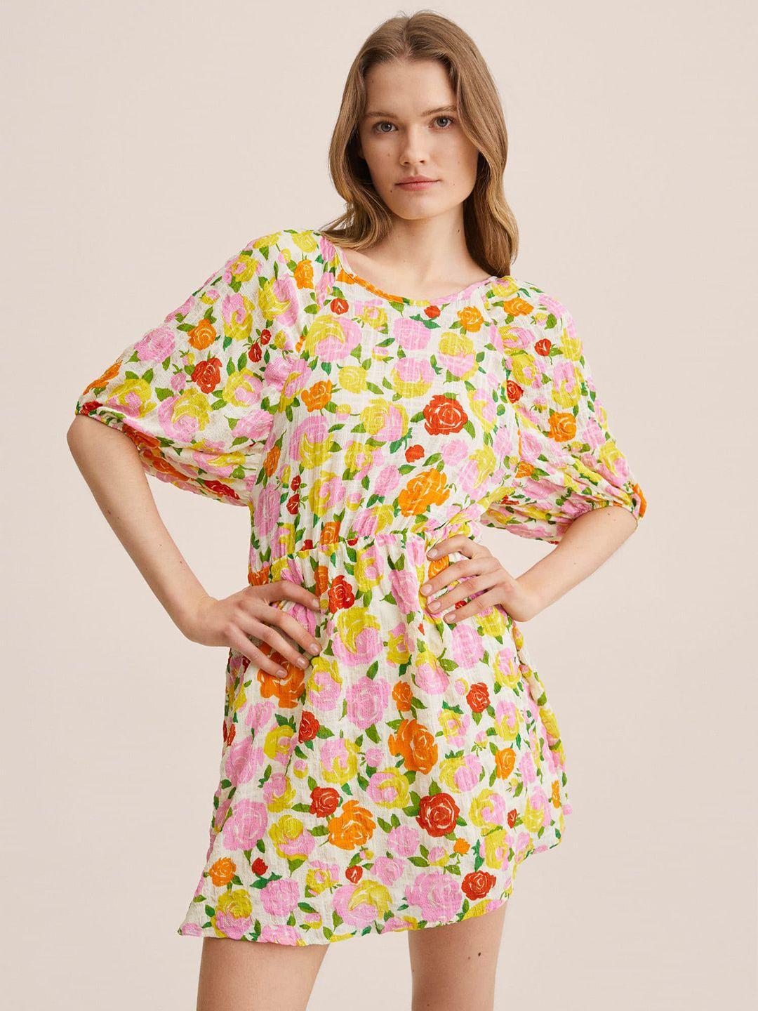 mango women off white & pink floral raglan puff sleeves tie up detail a-line dress