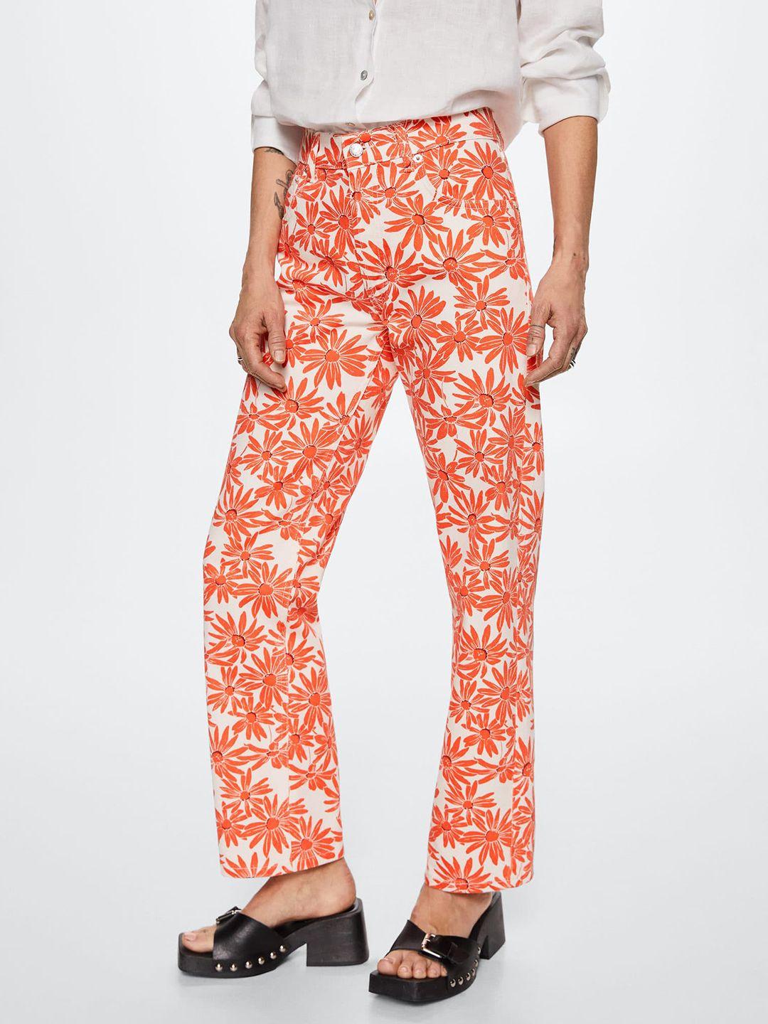 mango women off white & rust orange pure cotton floral printed straight fit low-rise jeans
