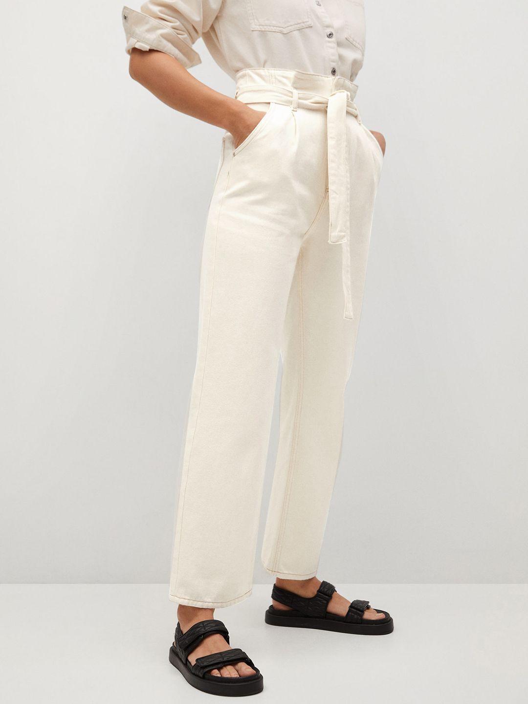 mango women off-white pure cotton wide leg high-rise clean look jeans