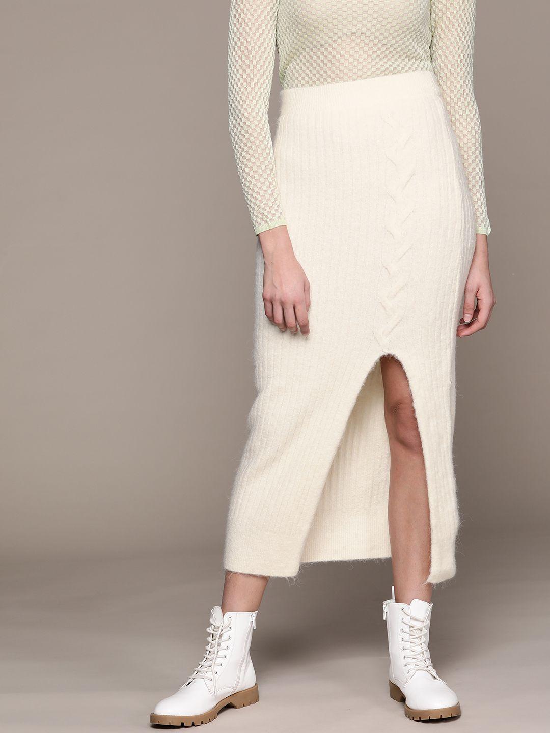 mango women off-white self-striped knitted straight skirt