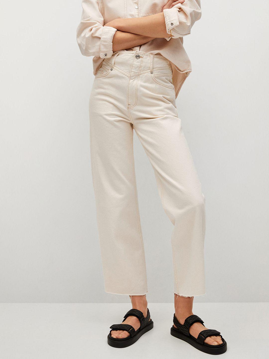 mango women off-white solid cotton cropped wide leg high-rise clean look sustainable jeans