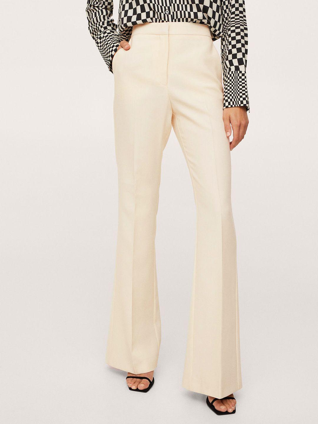 mango women off-white solid flared pleated smart casual side slit trousers