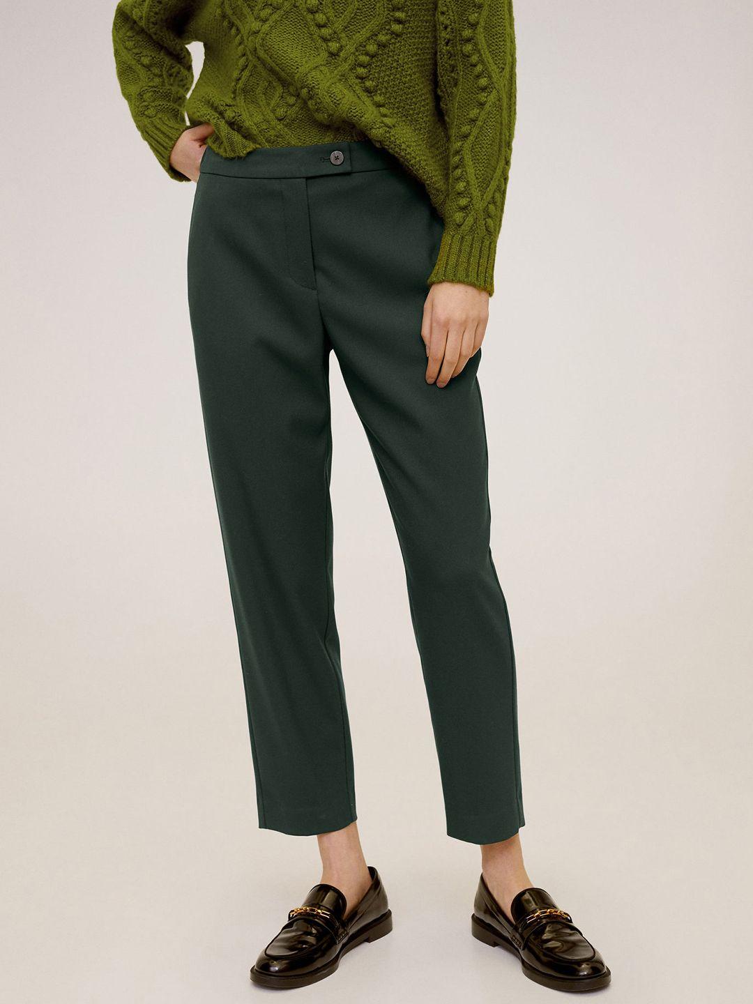 mango women olive green regular fit cropped solid trousers