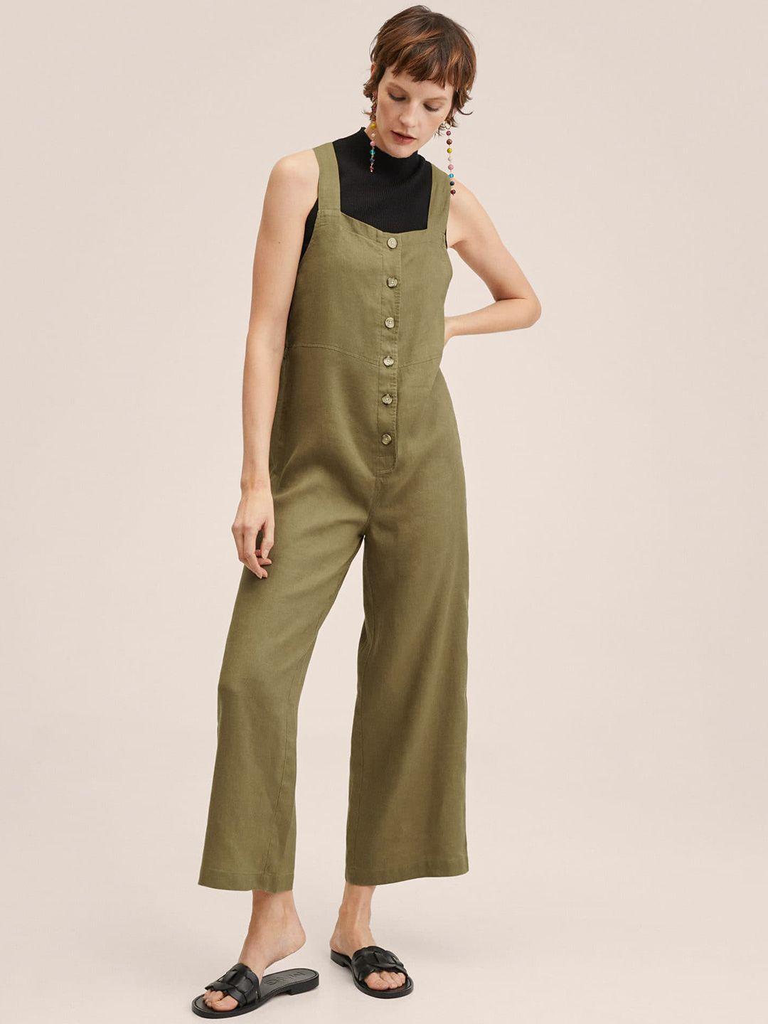 mango women olive green solid pure linen basic jumpsuit