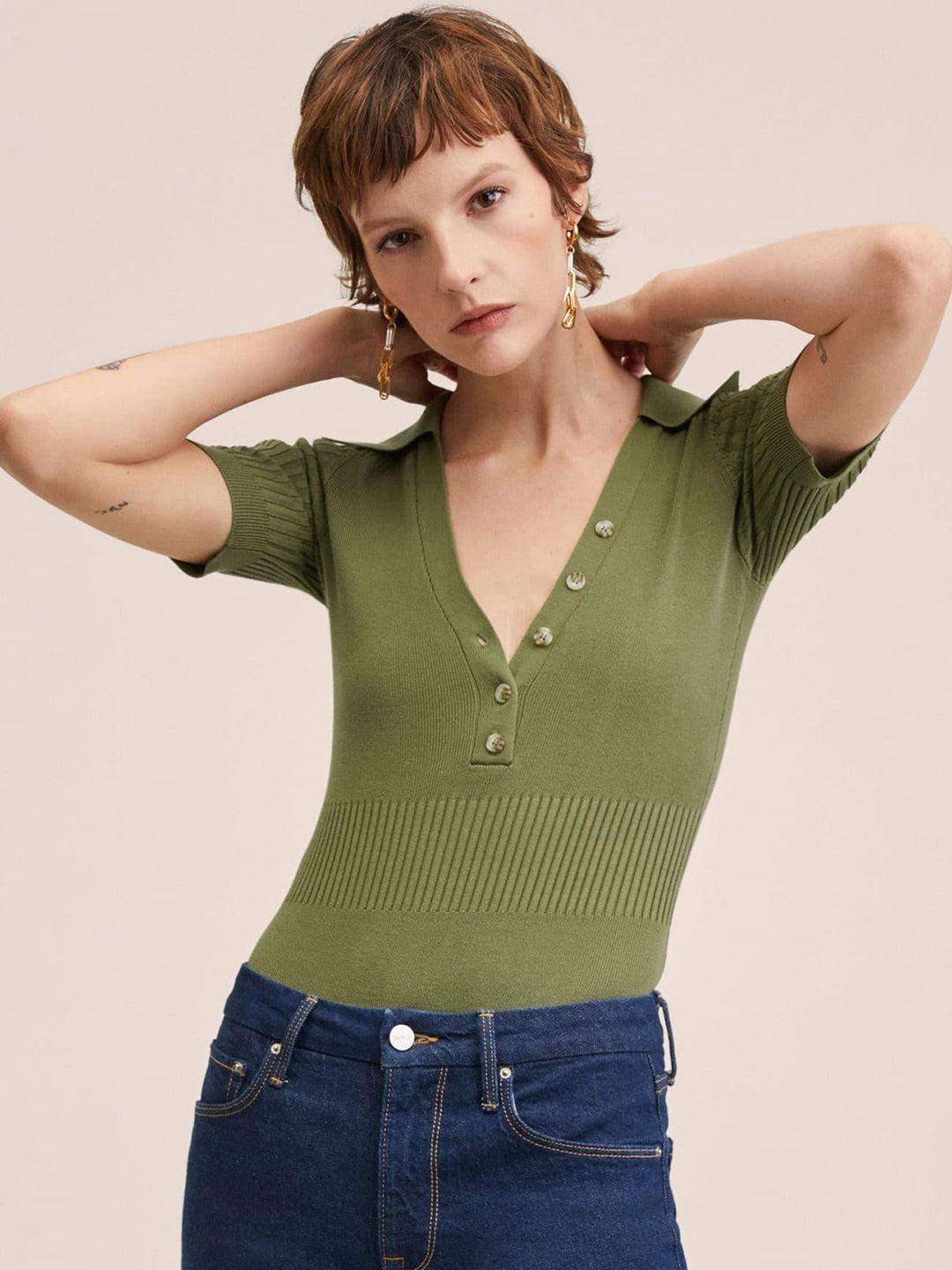 mango women olive green solid ribbed button closure bodysuit