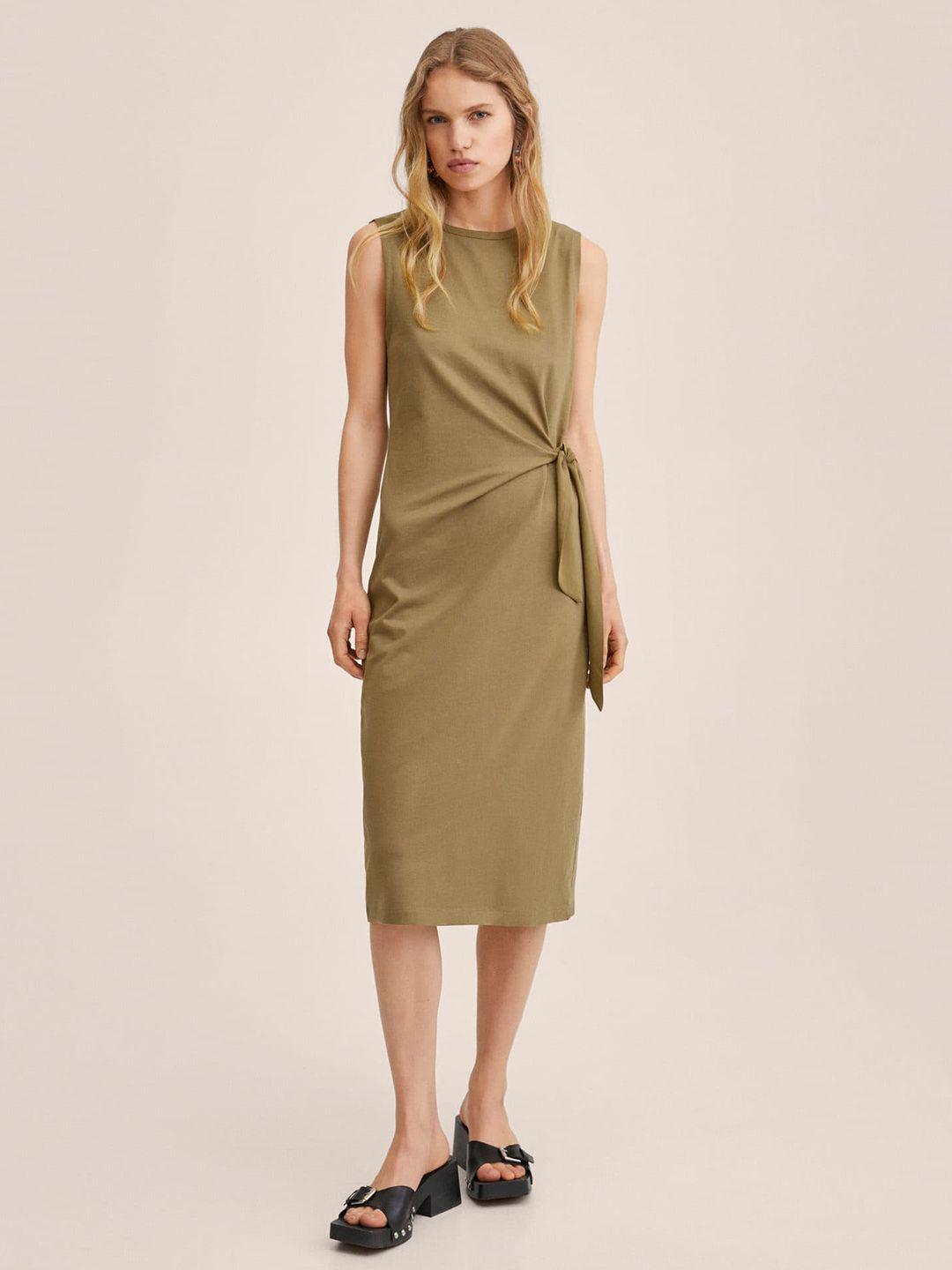 mango women olive green solid waist tie-up detail sheath midi pure cotton dress