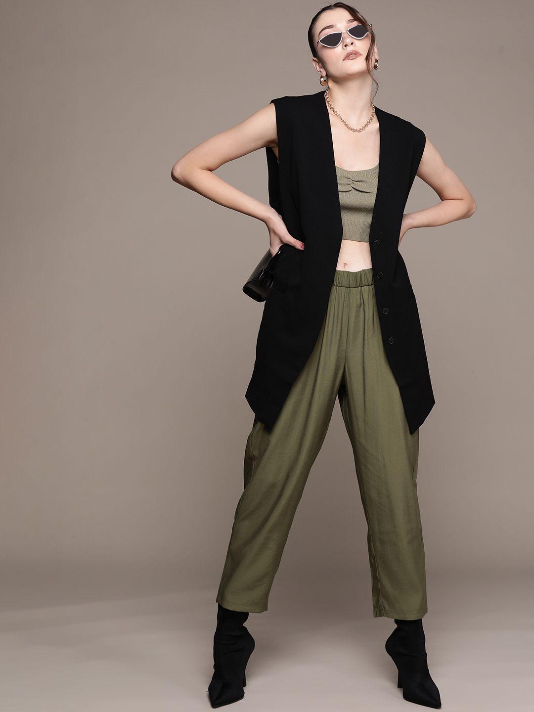 mango women olive green sustainable cropped trousers