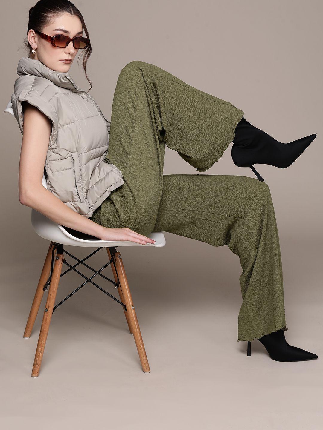 mango women olive green textured effect parallel trousers