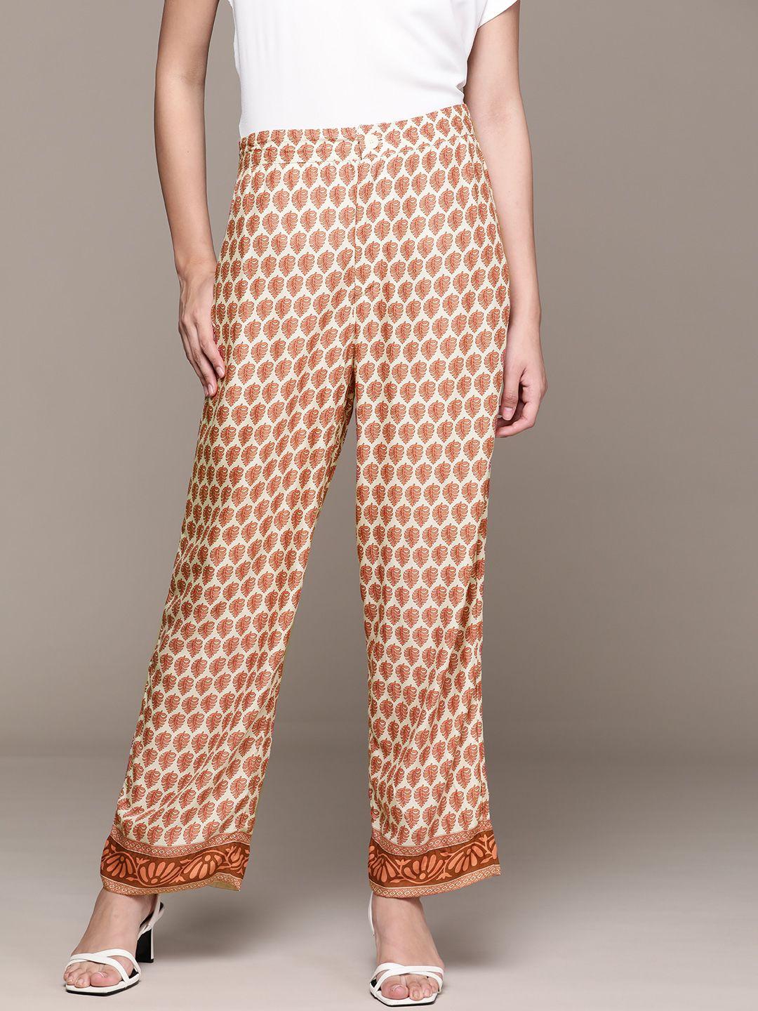 mango women orange & beige ethnic motifs printed trousers