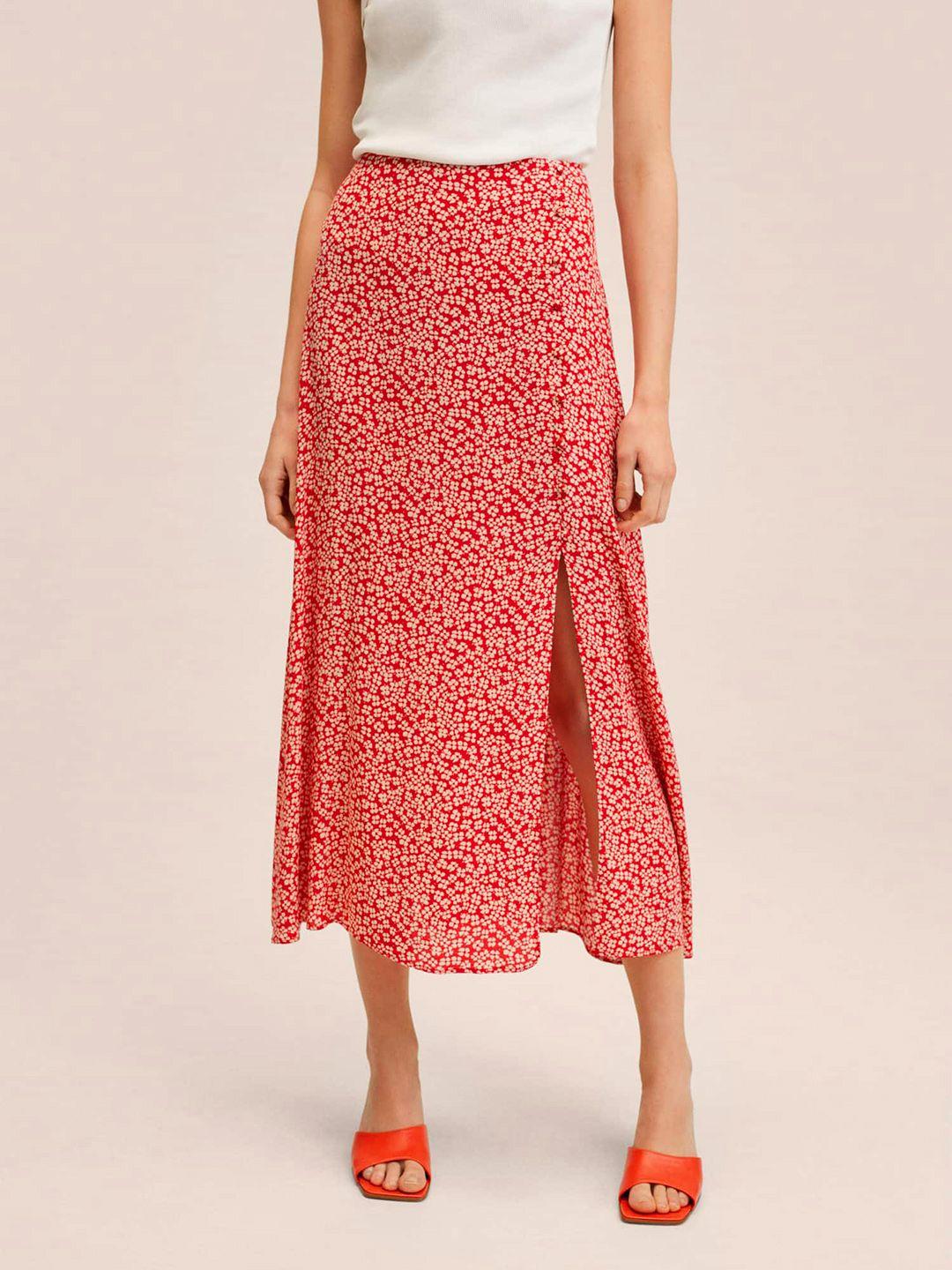 mango women orange & white floral printed midi flared skirt