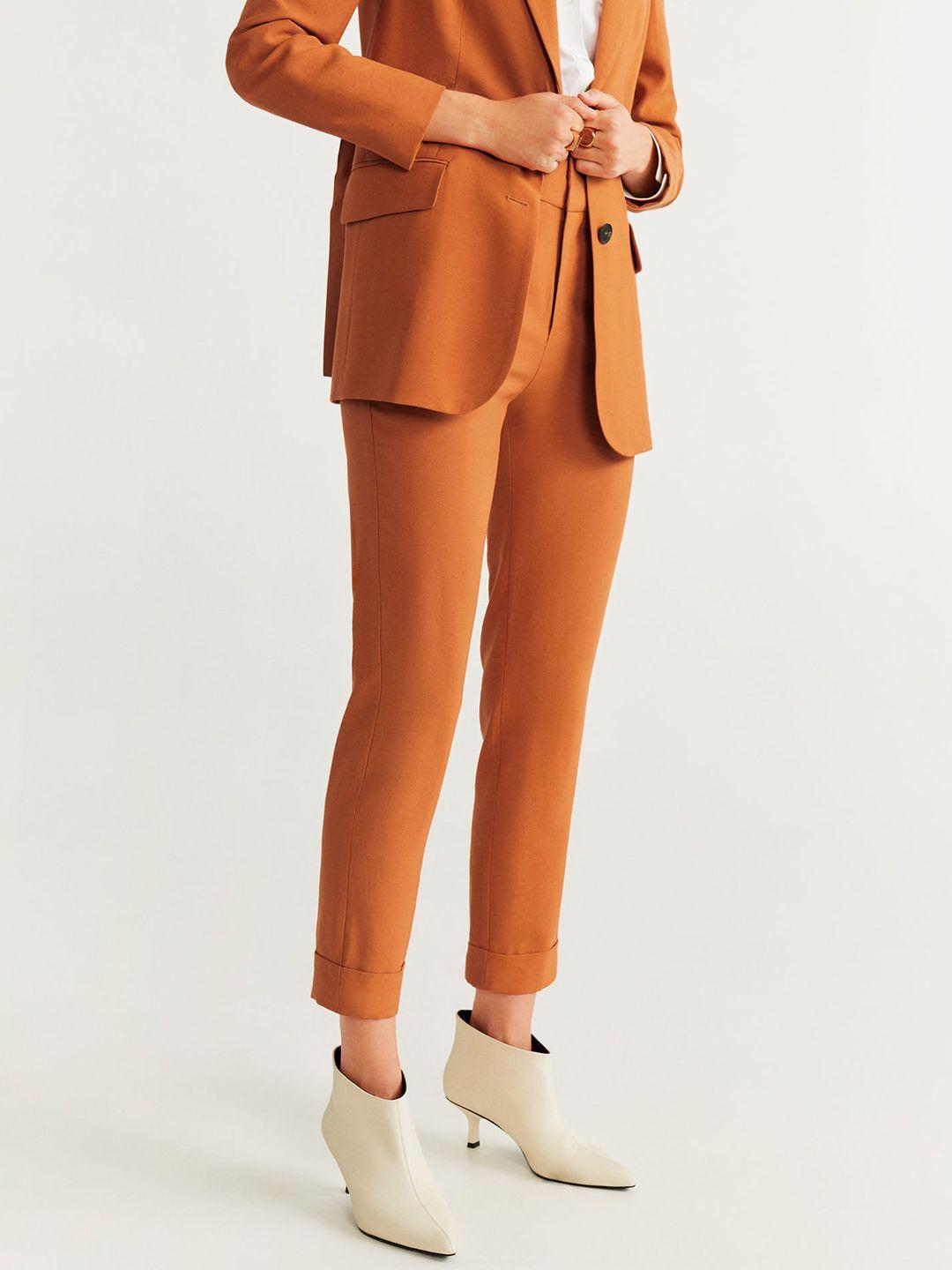 mango women orange regular fit solid trousers