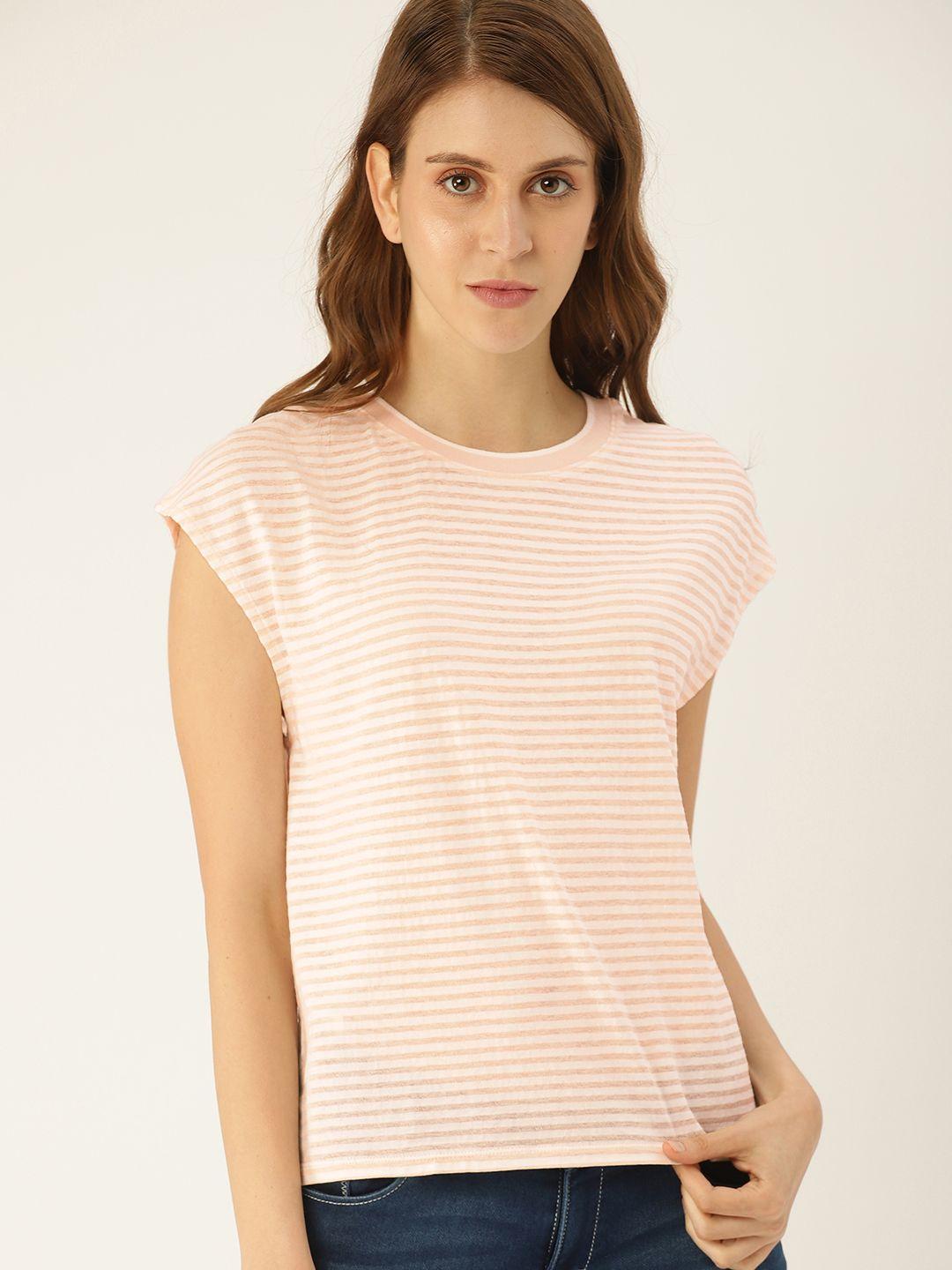 mango women peach-coloured & white striped round neck t-shirt