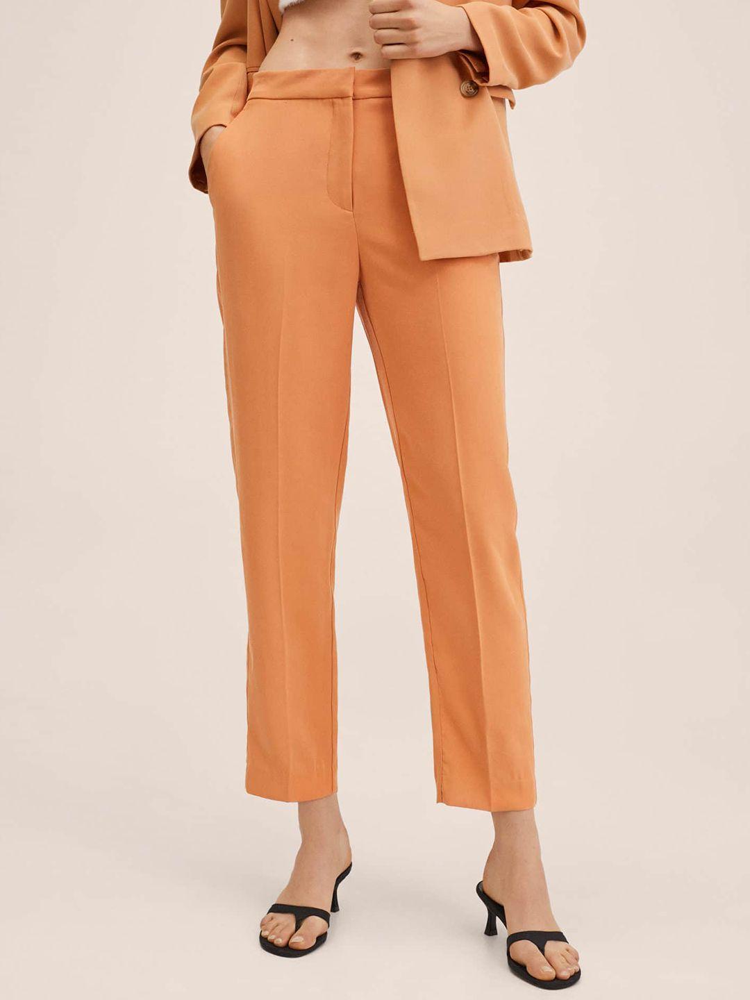 mango women peach-coloured solid trousers