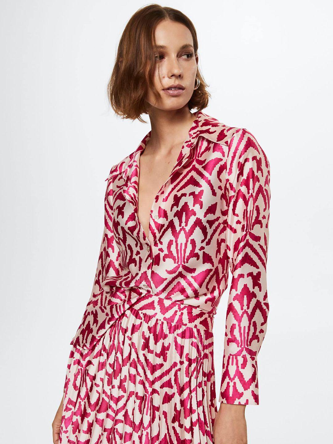 mango women pink & white printed satin casual sustainable shirt