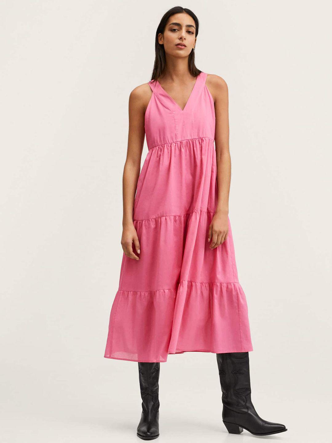 mango women pink solid tiered pure cotton a-line midi dress