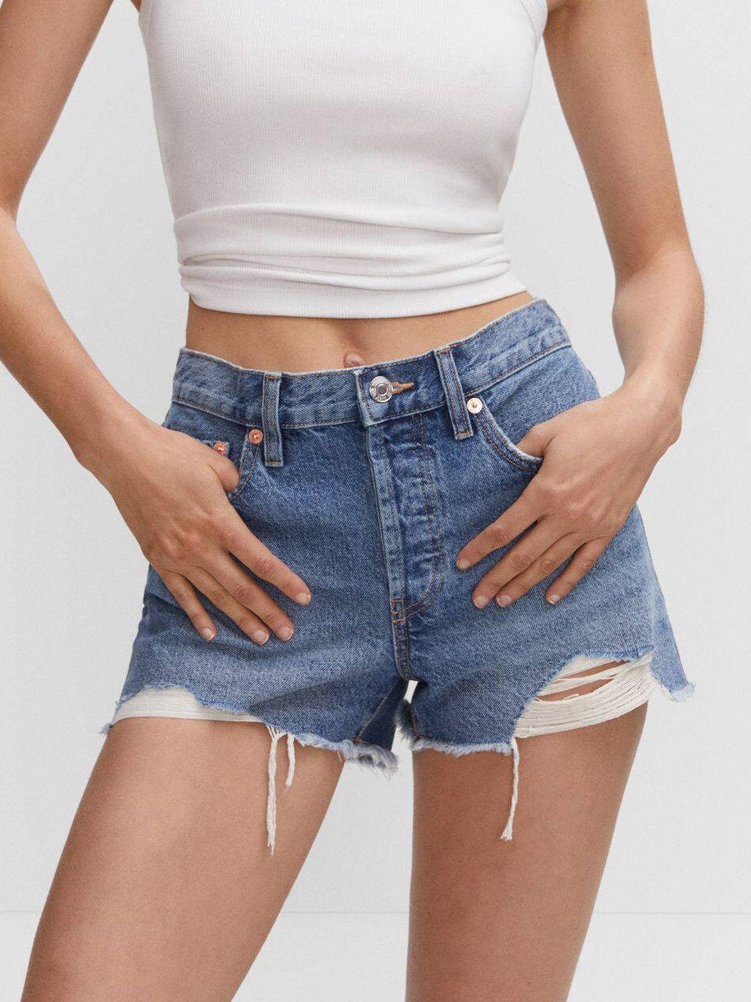 mango women pure cotton frayed detail denim shorts