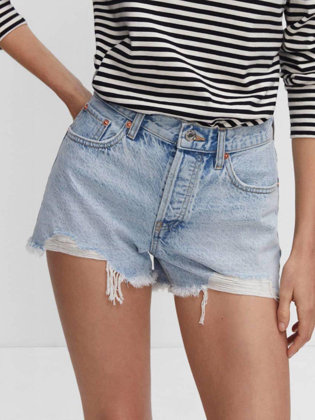 mango women pure cotton frayed detail denim shorts