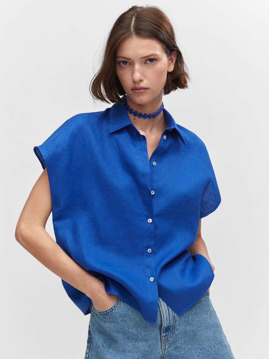 mango women pure linen extended sleeves casual shirt