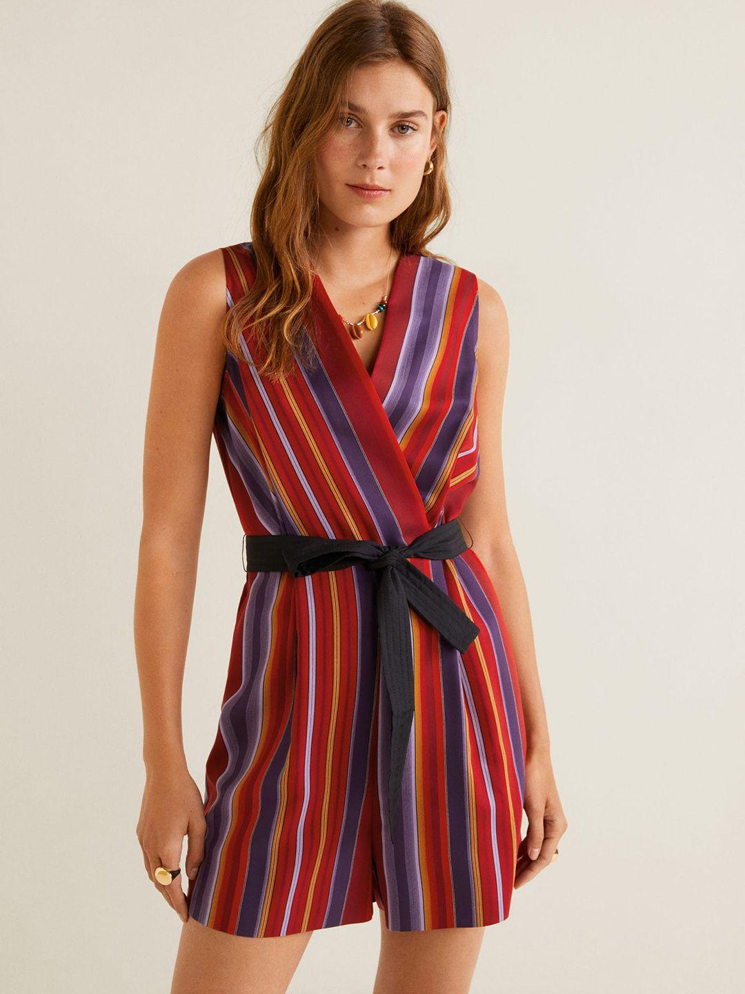 mango women red & purple striped playsuit