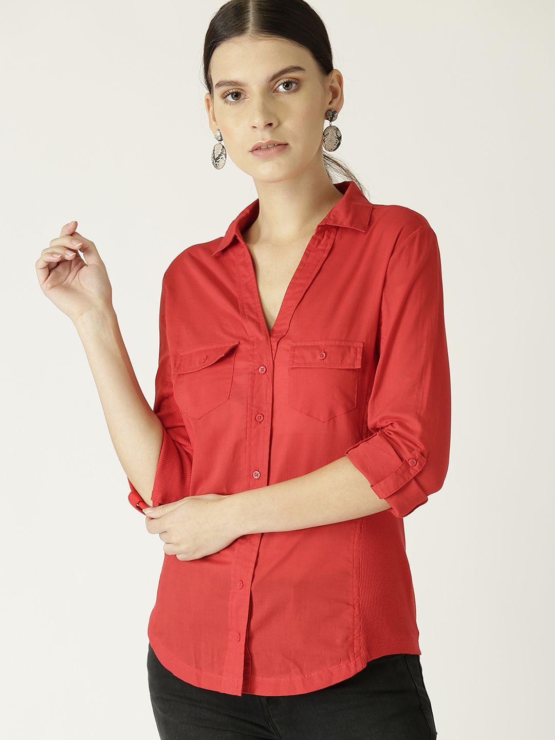 mango women red regular fit solid casual shirt