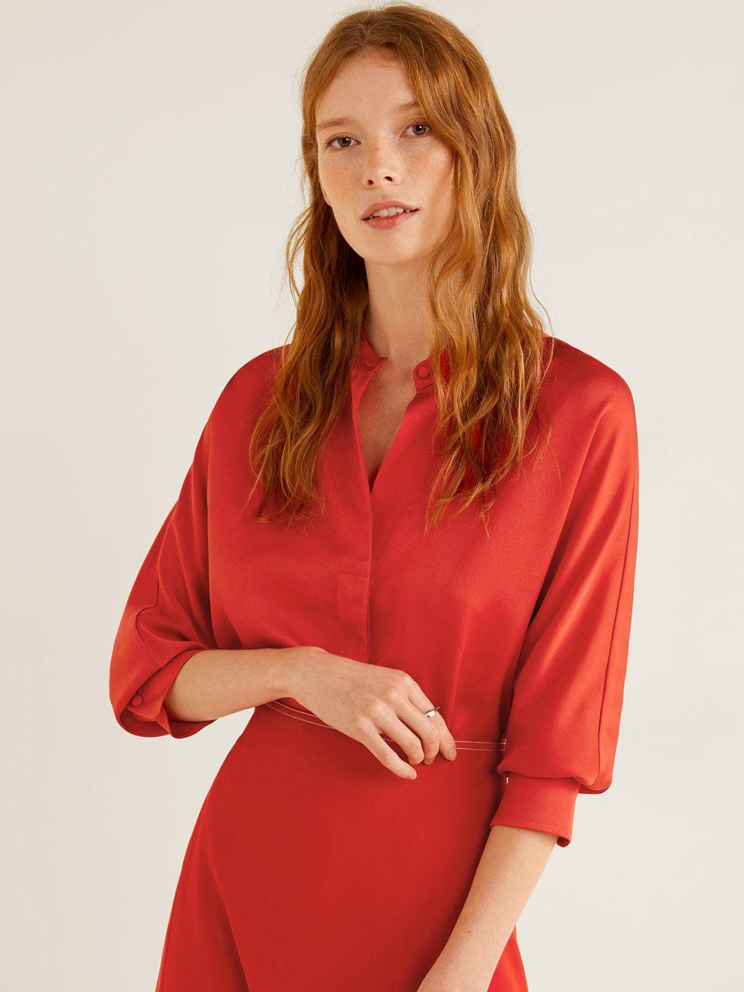 mango women red regular fit solid casual shirt